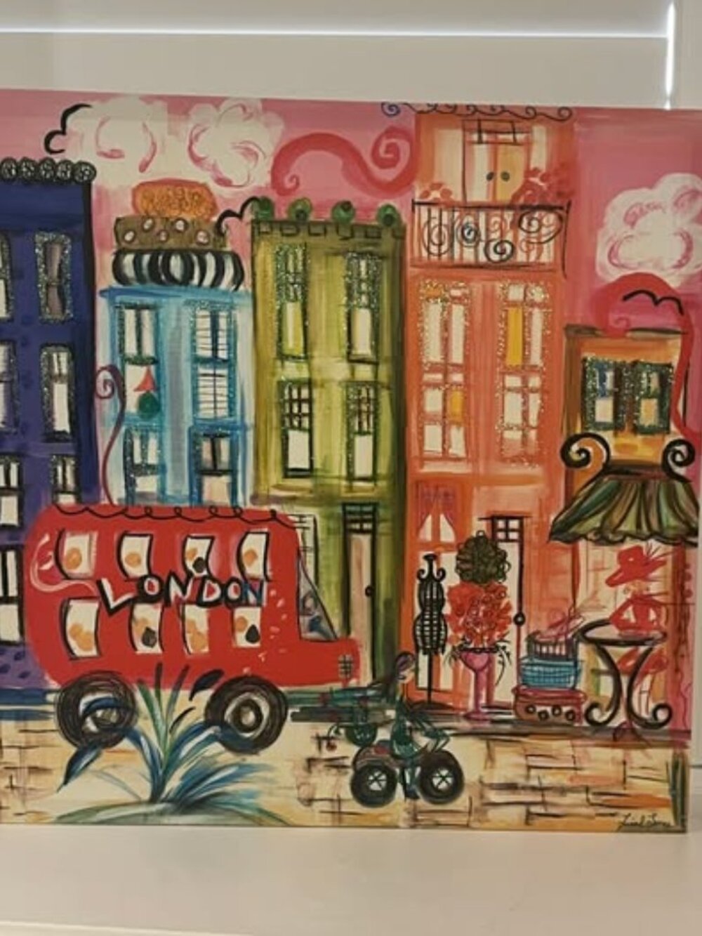 2 Fun Whimsical Colourful Prints 20" x 20" London Bus New York Brownstones Taxi